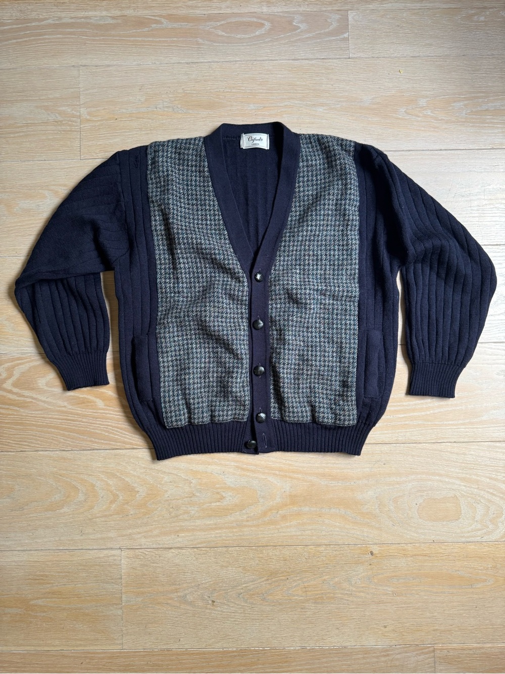 Vintage Navy Cardigan with Houndstooth Harris Tweed. Front. Leather buttons.